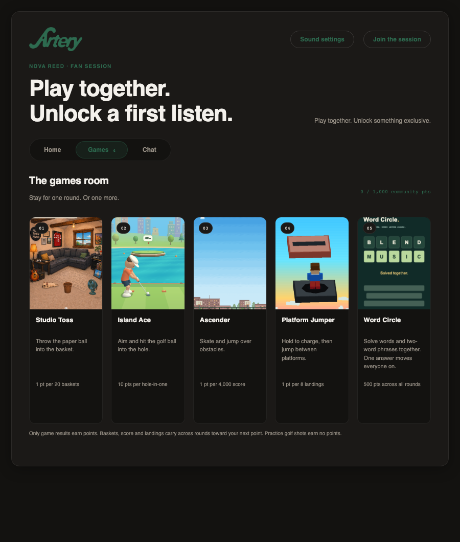 Example Nova Reed Games page with Studio Toss, Island Ace, Ascender, Platform Jumper and Word Circle