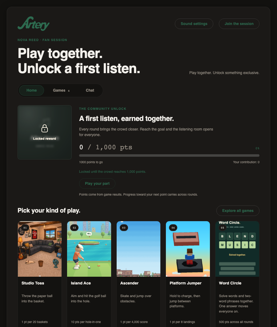 Example Nova Reed Fan Session Home page showing the locked demo and community unlock goal